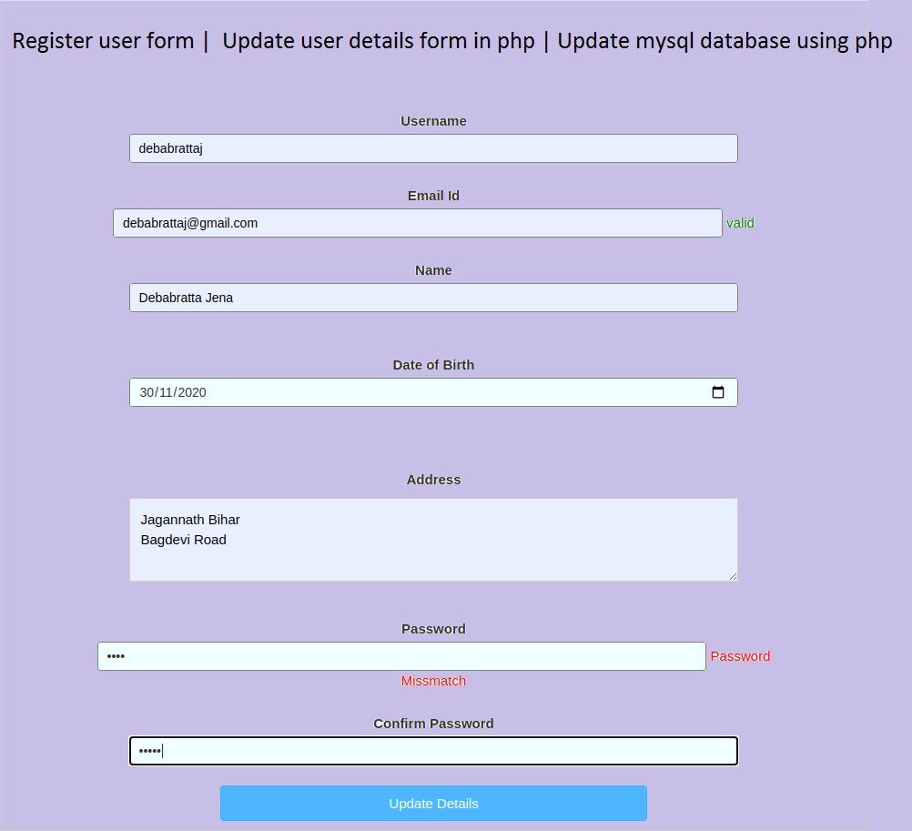 Register user form | Update user details form in php | Update mysql database using php