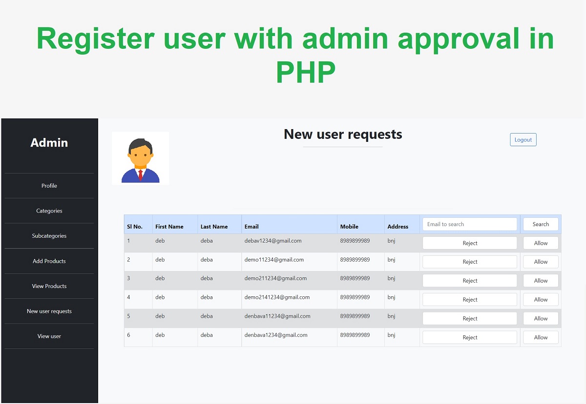 Register user with admin approval in php